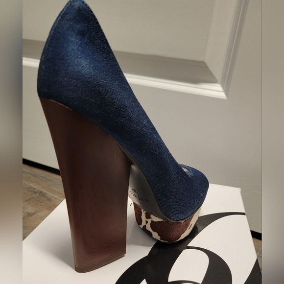 Nine West Denim & Cowhide Peep Toe Heels - Picture 3 of 8